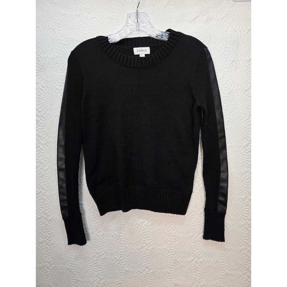 Evereve Sweater Women Small Black Excellent Faux Leather Stripe Mixed Media